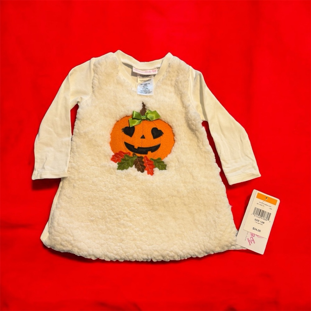 NWT Baby Girl Pumpkin Short β Fuzzy Sherpa Long Sleeve Shirt β Fall Outfit 12 mo
